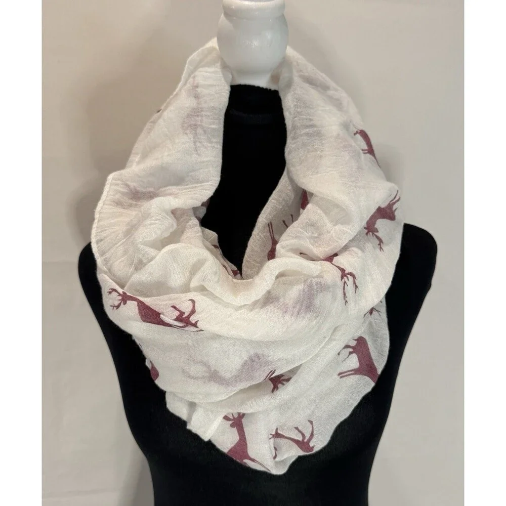 Ivory Burgundy Scarf Infinity Muslin Gauze One-Size Reindeer Holiday Christmas